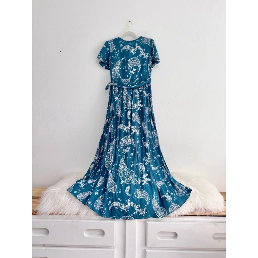 Women's Patrons of Peace Teal White Paisley Maxi Dress S Rayon - Picture 2 of 11